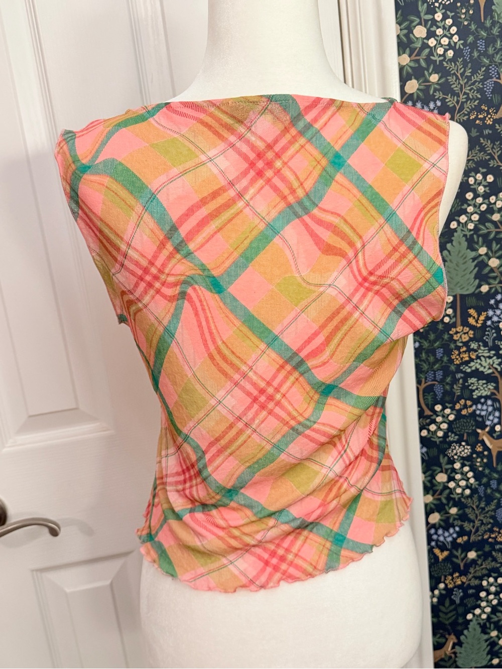 Topshop Pink and Teal Plaid Sheer Lightweight Blouse - Picture 4 of 5